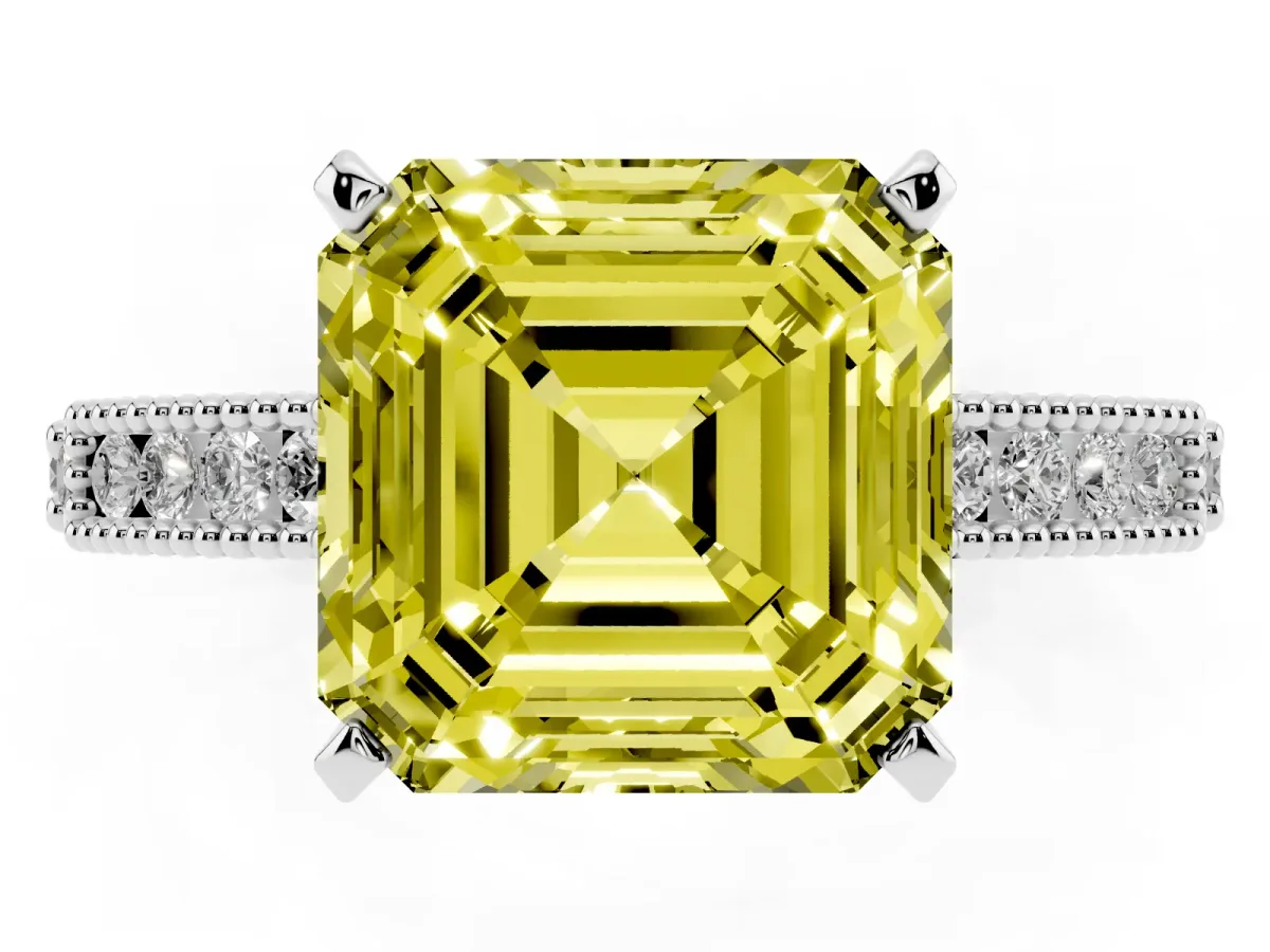 Fancy Yellow Asscher Cut Solitaire with Pavé Band and Four-Prong Setting Silver