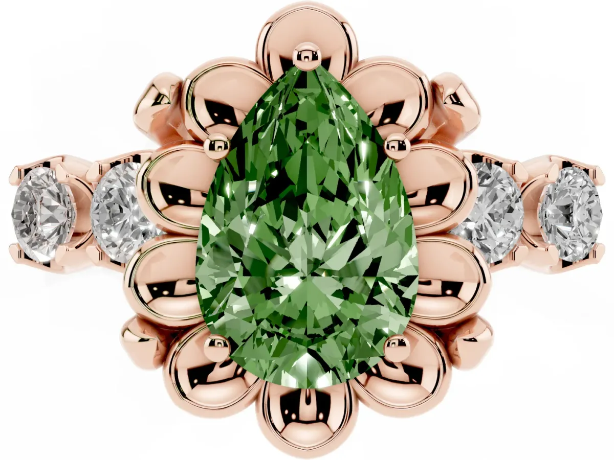 Fancy Green Pear Cut Cut Diamond Floral Halo Engagement Ring with Shared Prong Setting Rose gold