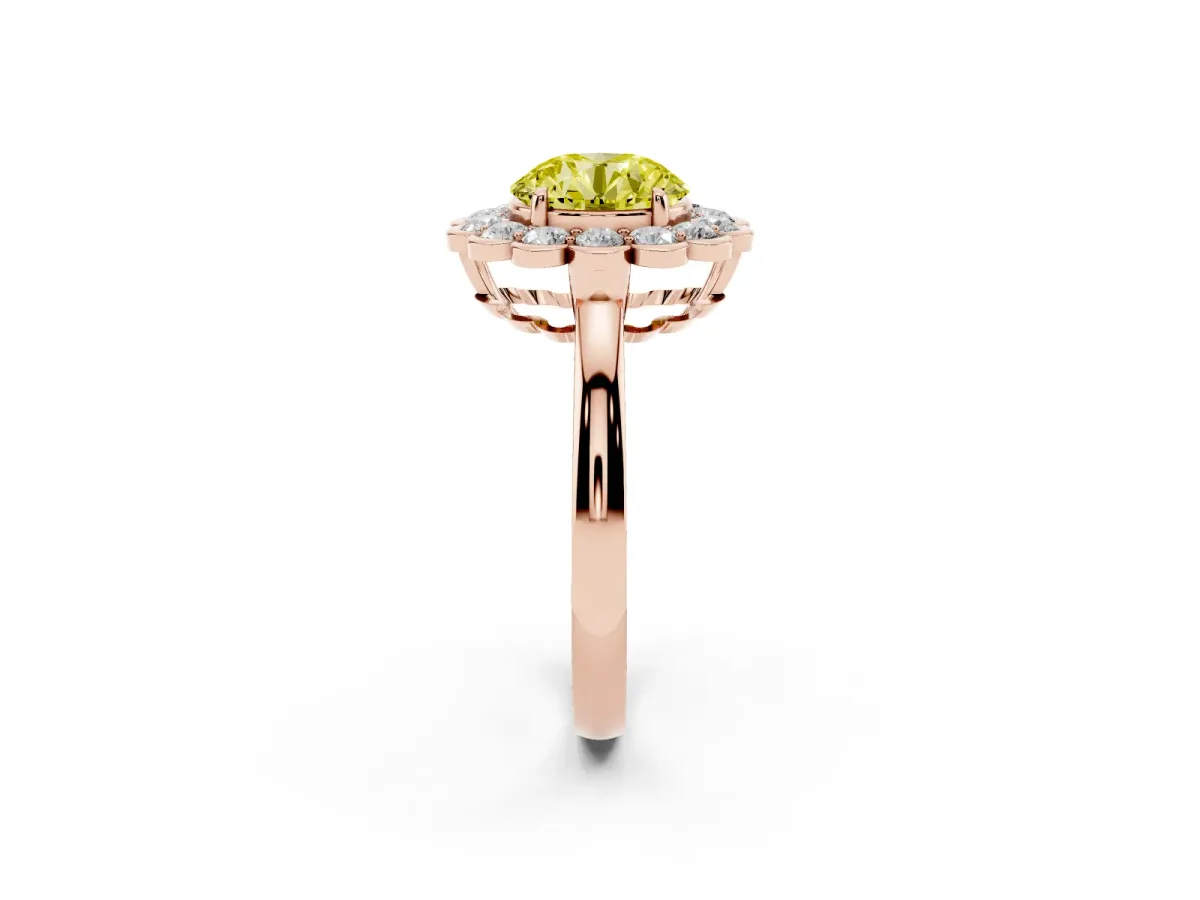 Fancy Yellow Round Cut Halo Cluster Diamond Engagement Ring with Solitaire Band and Prong Setting Rose gold