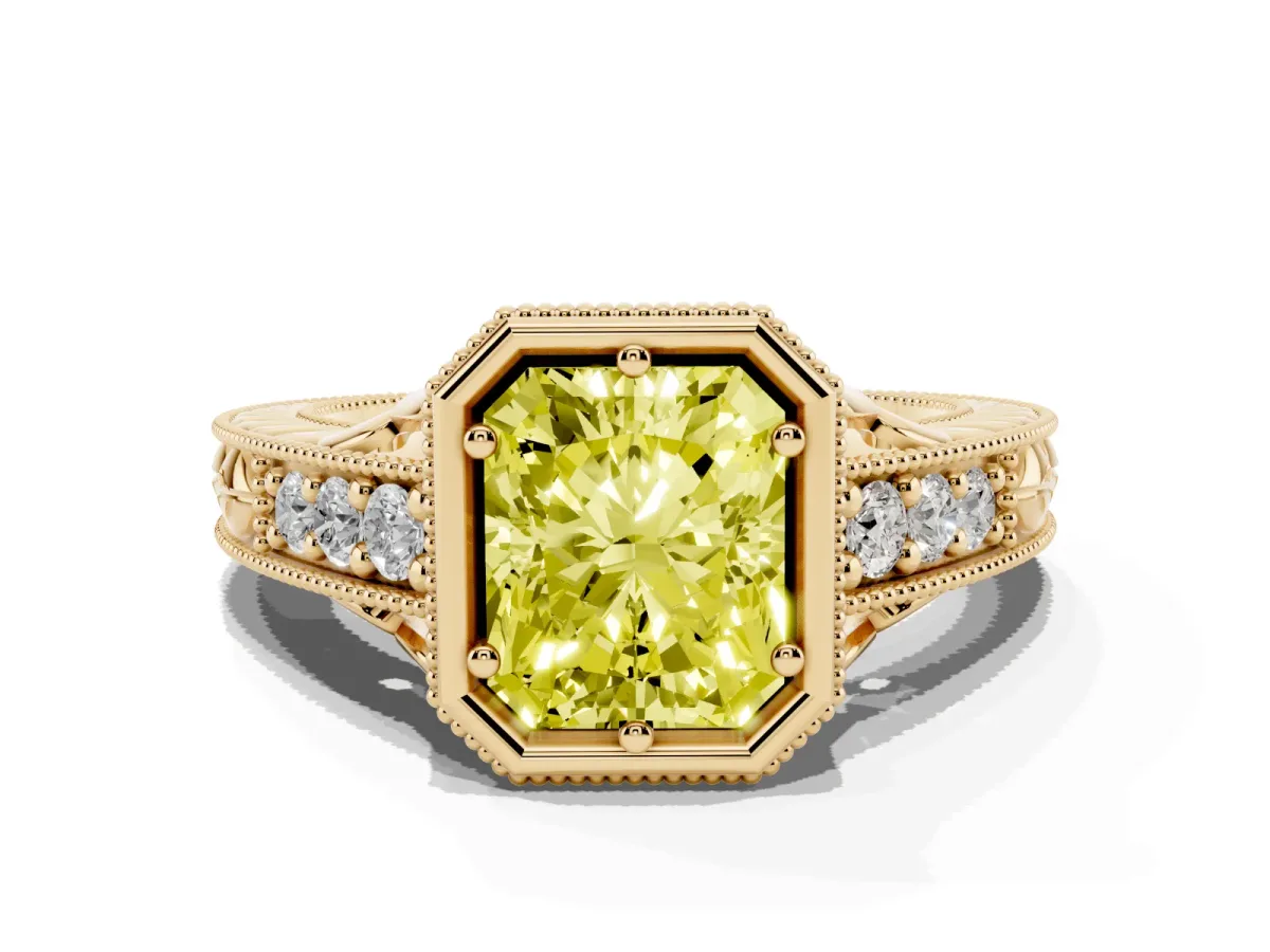 Fancy Yellow Bezel Set Radiant Cut Diamond Milgrain Pave Engagement Ring Yellow gold