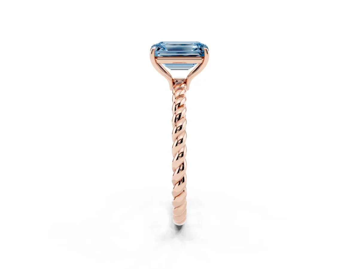 Fancy Blue Emerald Cut Solitaire Twisted Band 4-Prong Ring Rose gold