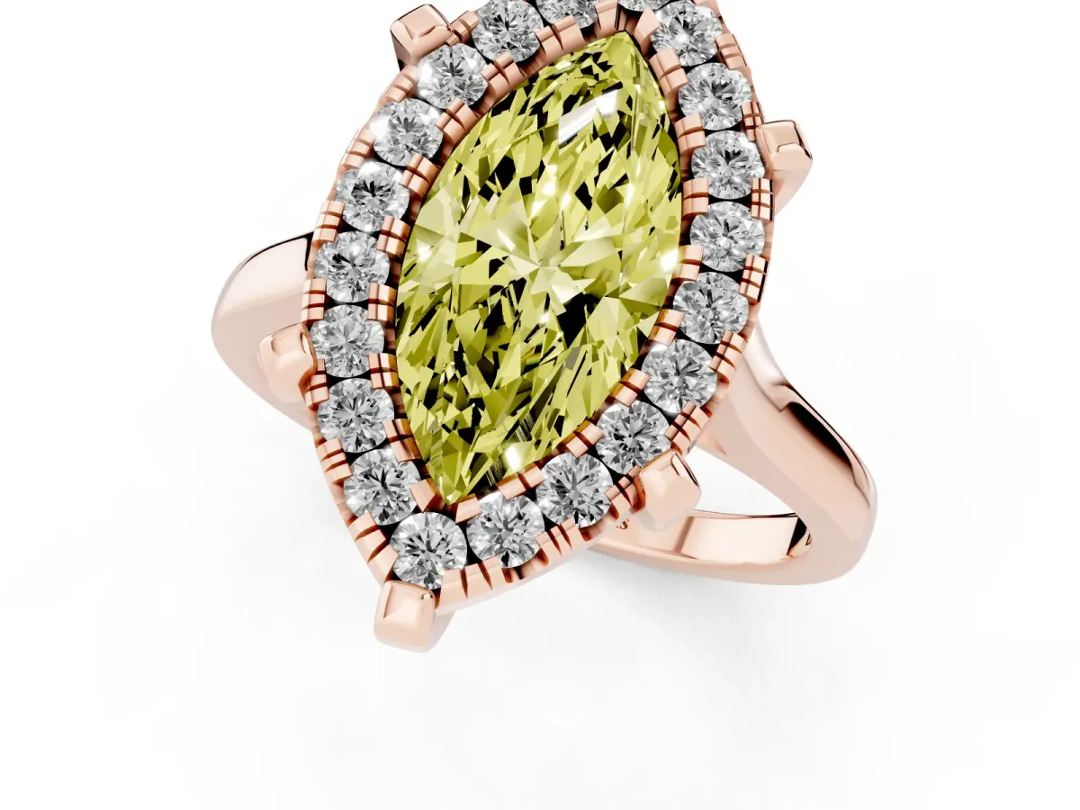 Fancy Yellow Marquise Cut Diamond Cluster Halo Solitaire with Four-Prong Setting Rose gold