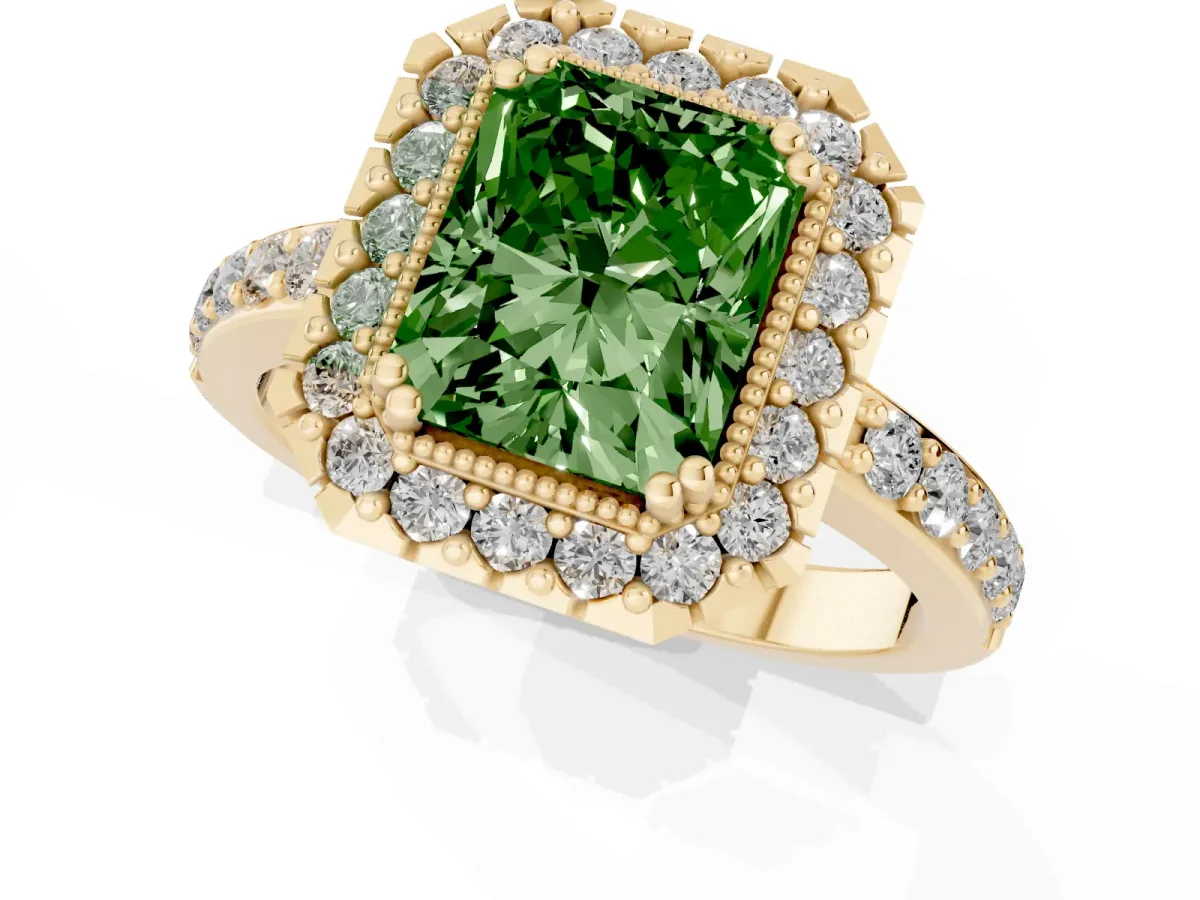 Fancy Green Radiant Cut Diamond Halo Ring with Pavé Band and Prong Setting Yellow gold