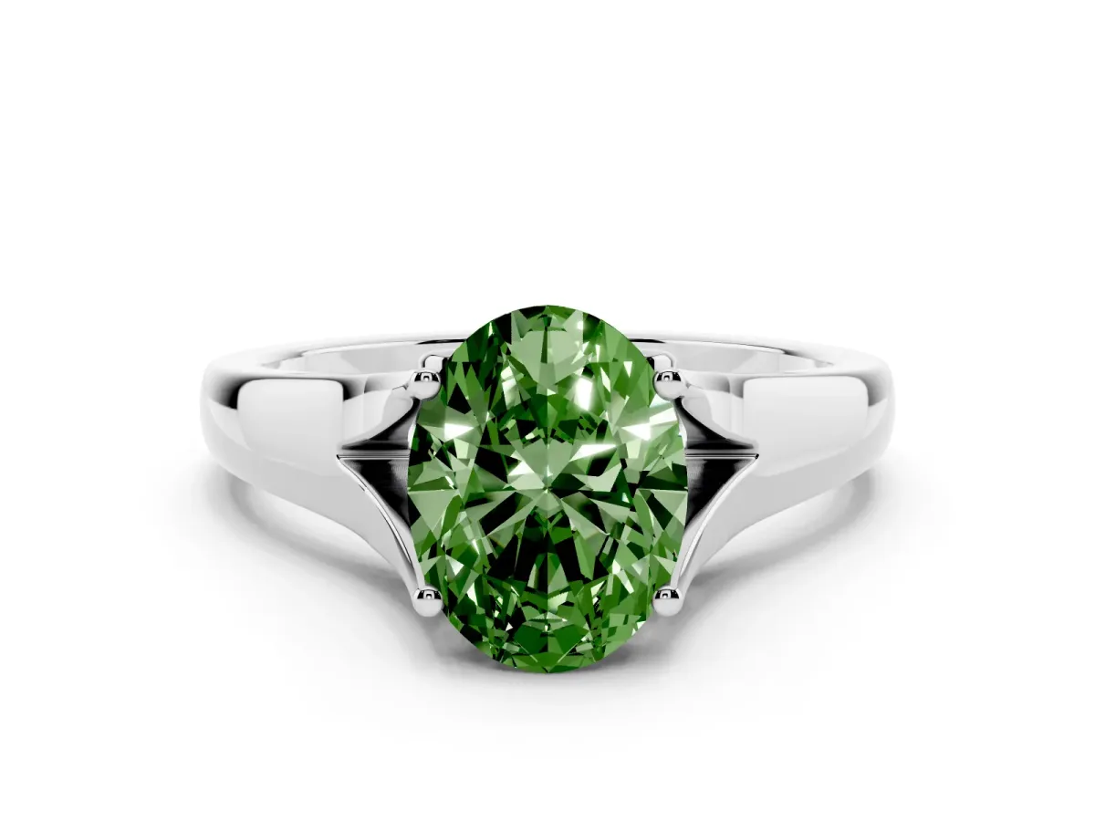 Fancy Green Oval Cut Solitaire Diamond Ring with Cathedral Band and Four-Prong Setting Silver