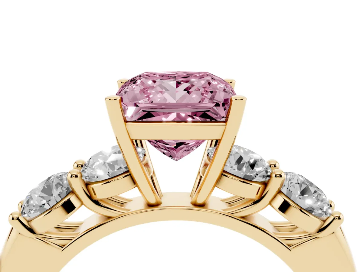 Fancy Pink Princess Cut Cut Five-Stone Prong Set Diamond Ring with Classic Band Yellow gold