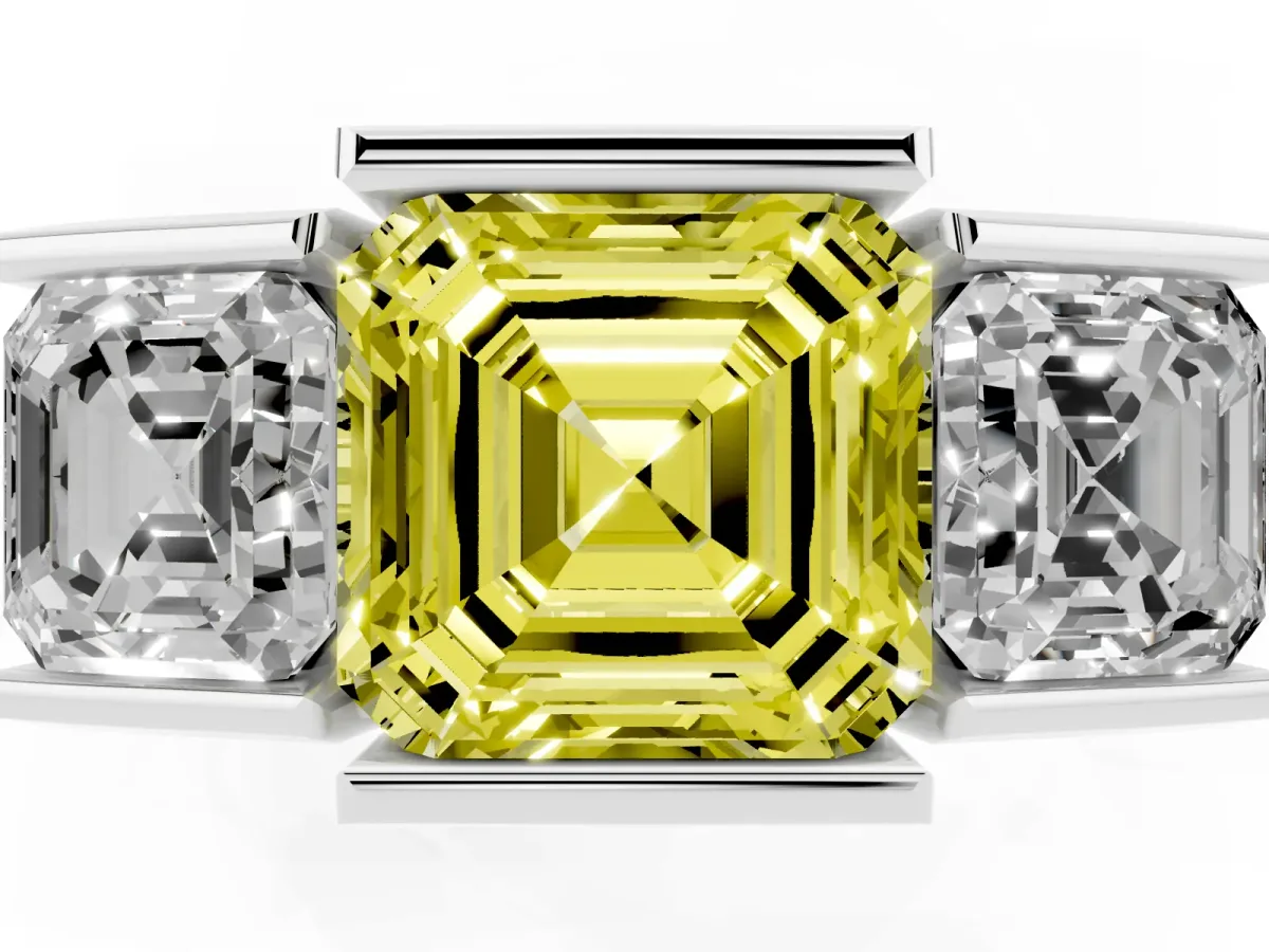 Fancy Yellow Three Stone Asscher Cut Cut Channel Set Diamond Ring Silver