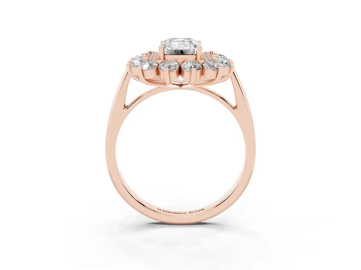 Emerald Cut Diamond Floral Double Halo Engagement Ring with Prong Setting Rose gold