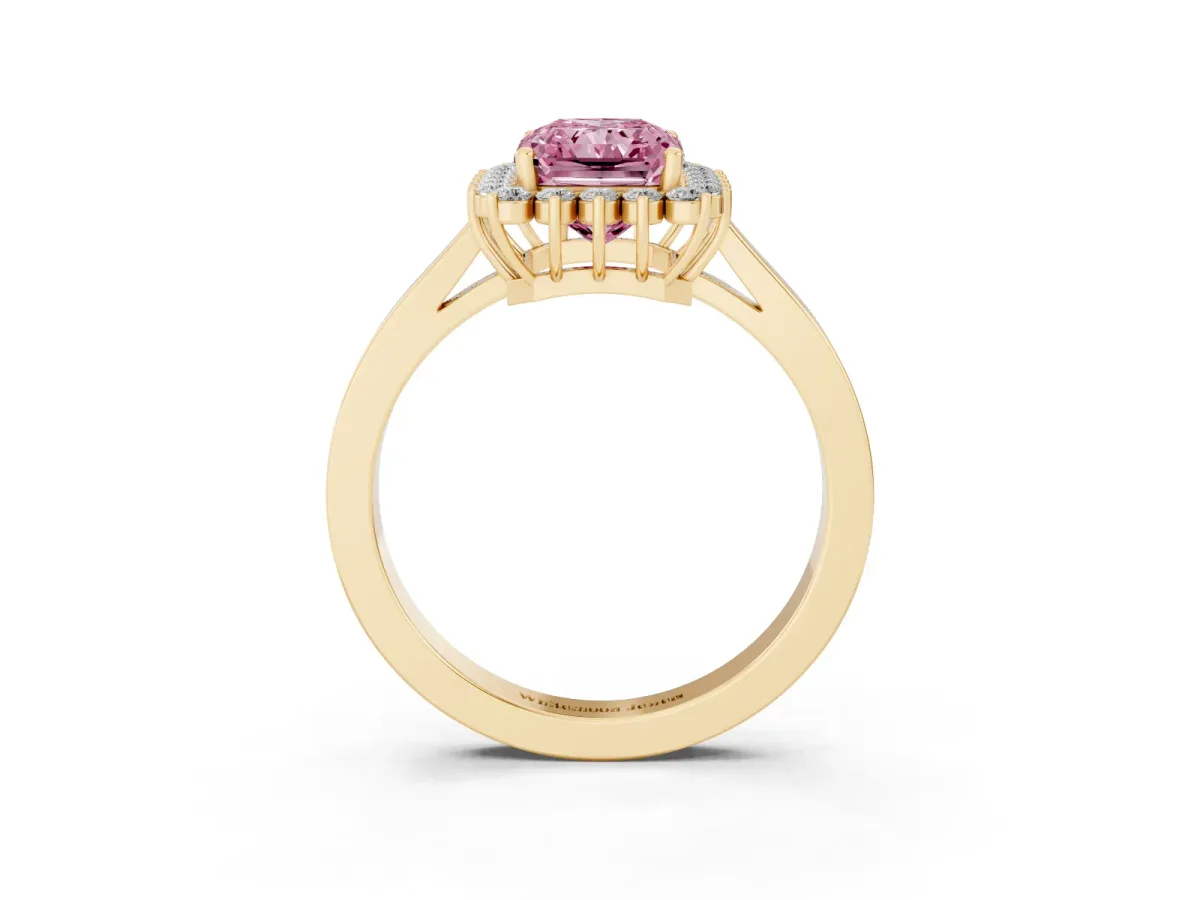 Fancy Pink Radiant Cut Cut Diamond Halo Ring with Round Brilliant Halo and Solitaire Band Yellow gold