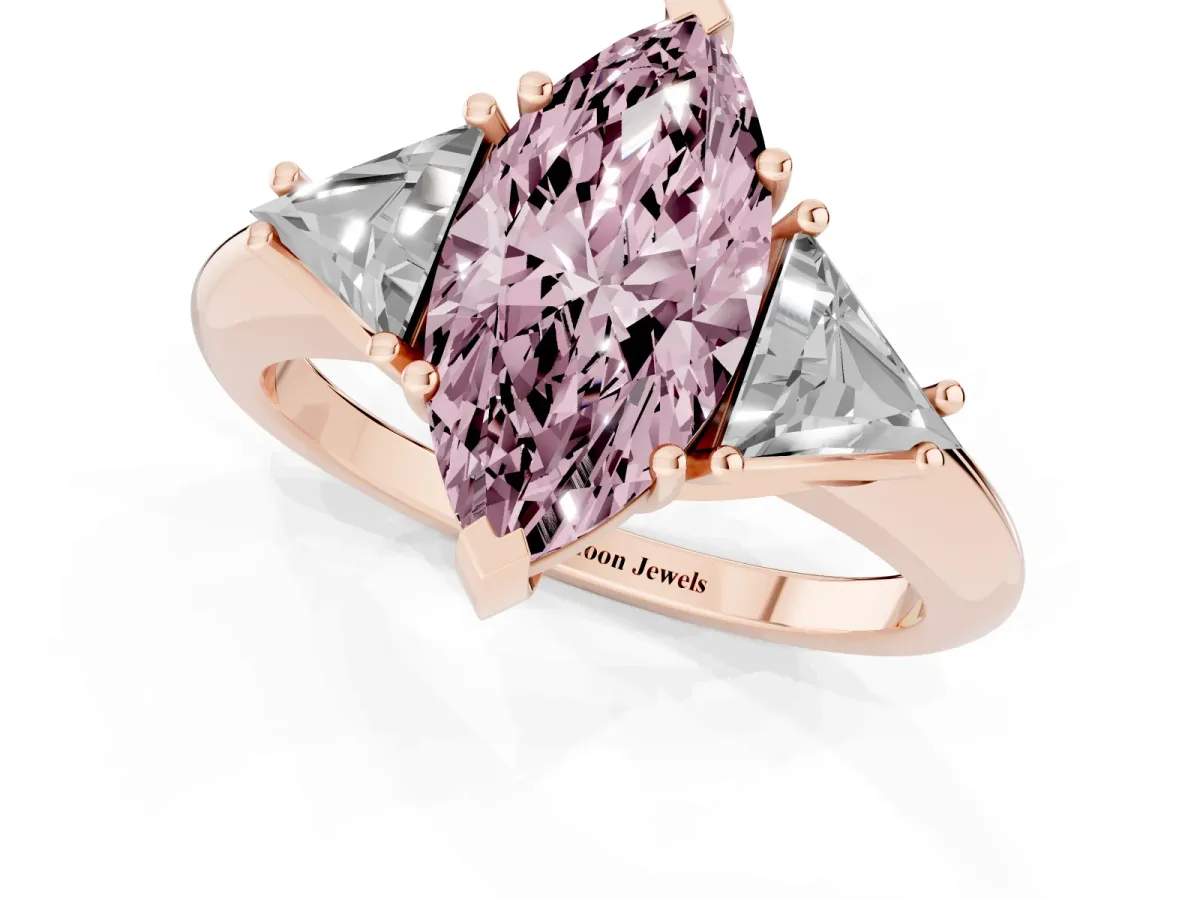 Fancy Pink Three-Stone Marquise Cut Diamond Engagement Ring with Trillion Side Stones and Prong Setting Rose gold