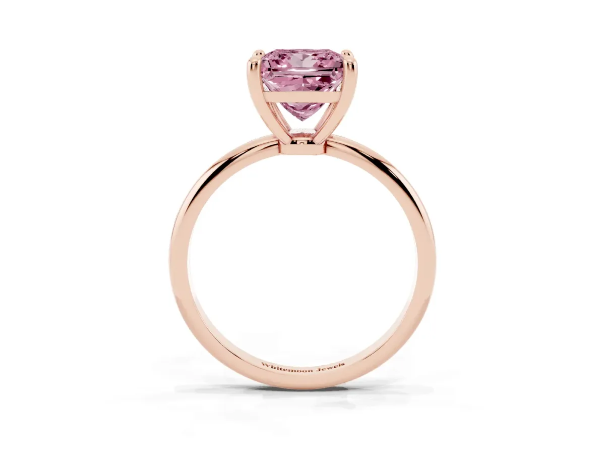 Fancy Pink Princess Cut Solitaire Diamond Ring with 4-Prong Setting on a Classic Band Rose gold