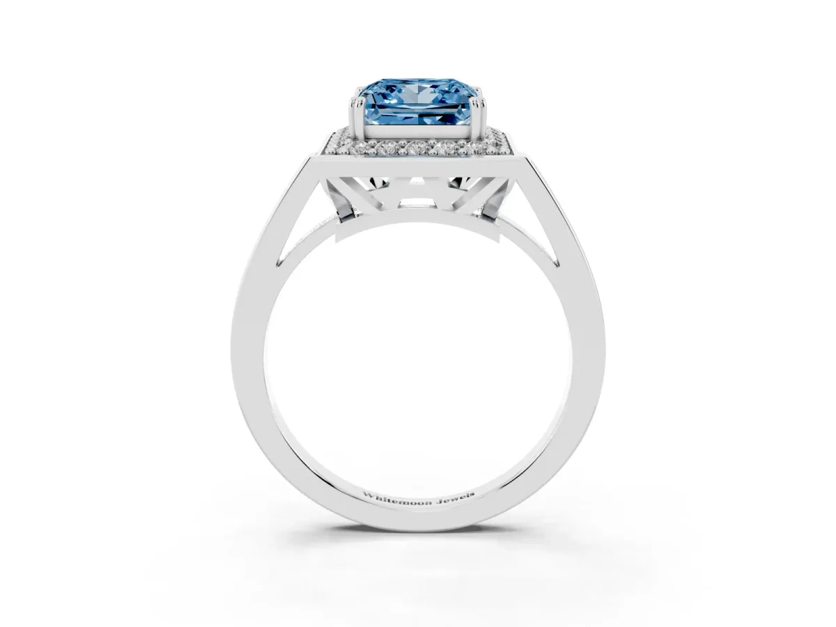 Fancy Blue Princess Cut Diamond Halo Ring with Split Shank and Four-Prong Setting Platinum