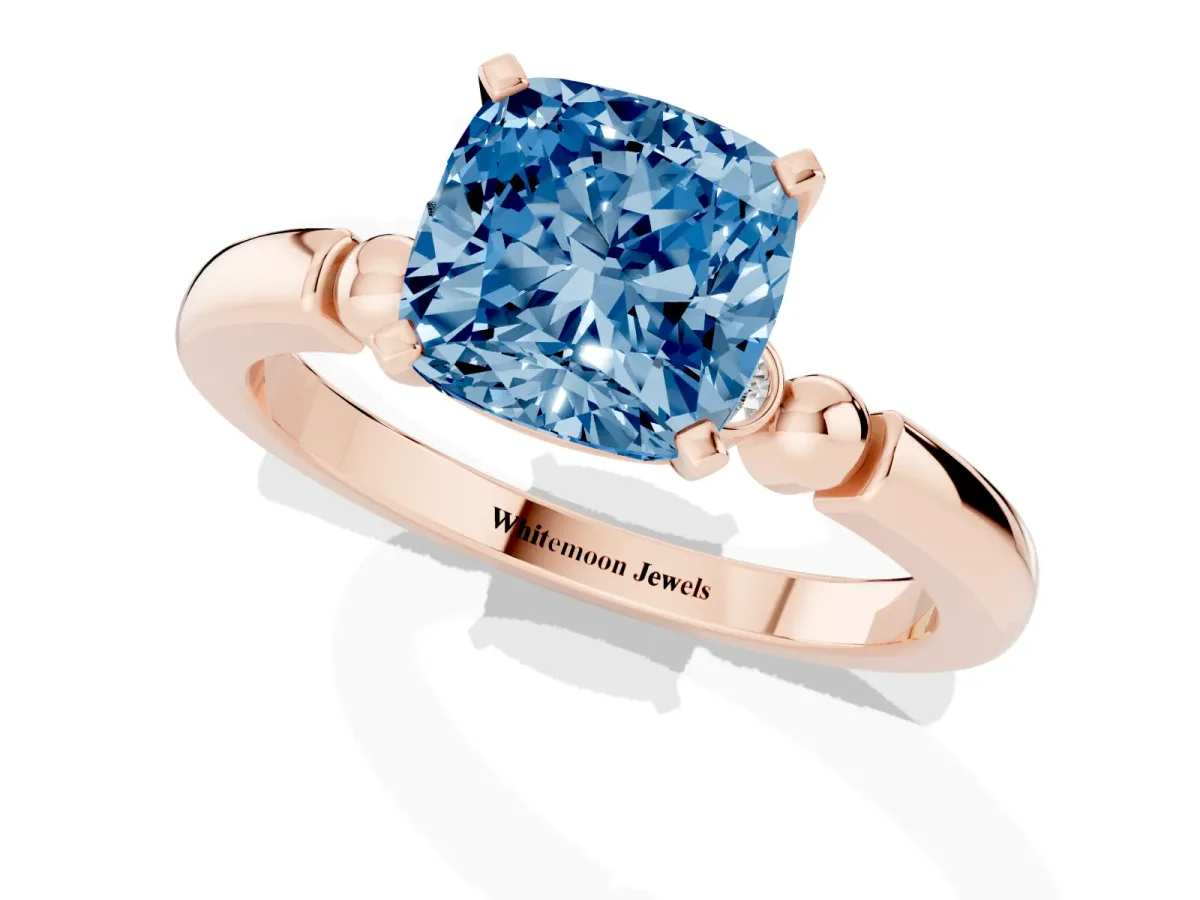 Fancy Blue Cushion Cut Solitaire Beaded Band with Four-Prong Setting Rose gold