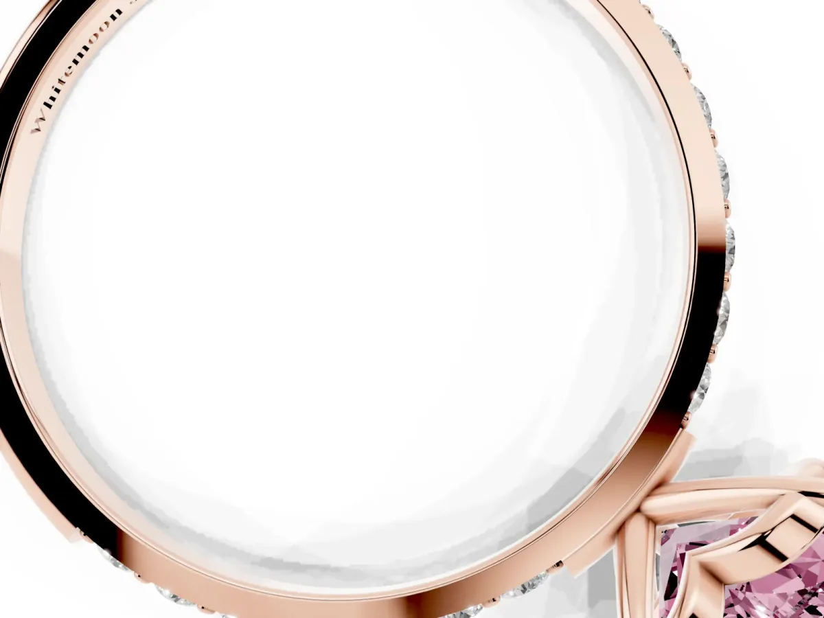 Fancy Pink Heart Cut Diamond Solitaire Ring with Round Pavé Shoulders and Prong Setting Rose gold