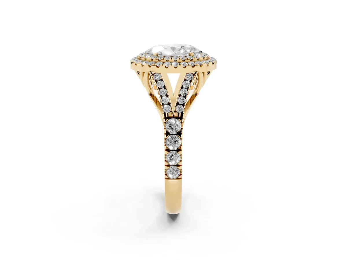 Double Halo Oval Cut Diamond Split Shank Engagement Ring with Four-Prong Setting Yellow gold