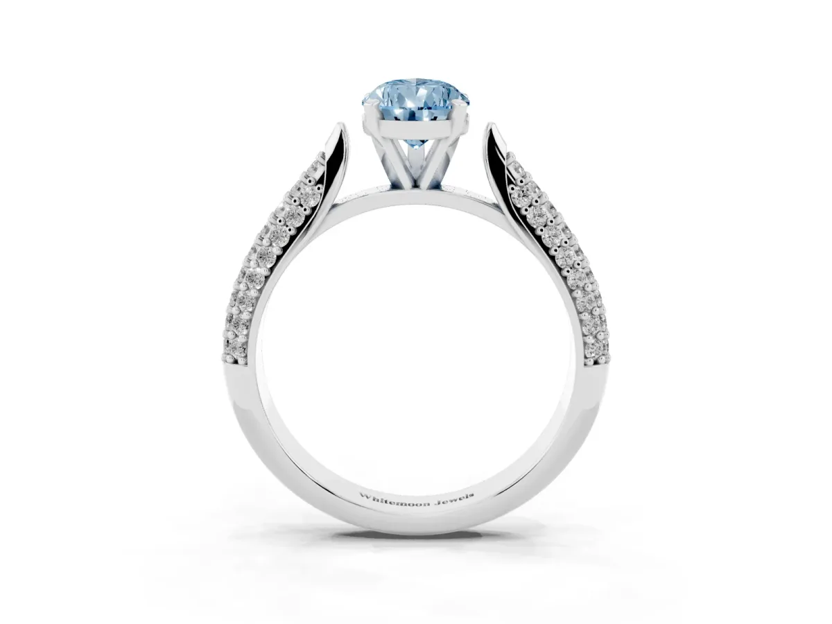 Fancy Blue Pear Cut Diamond Solitaire Engagement Ring with Multi-Row Round Pavé Band and Prong Setting White gold