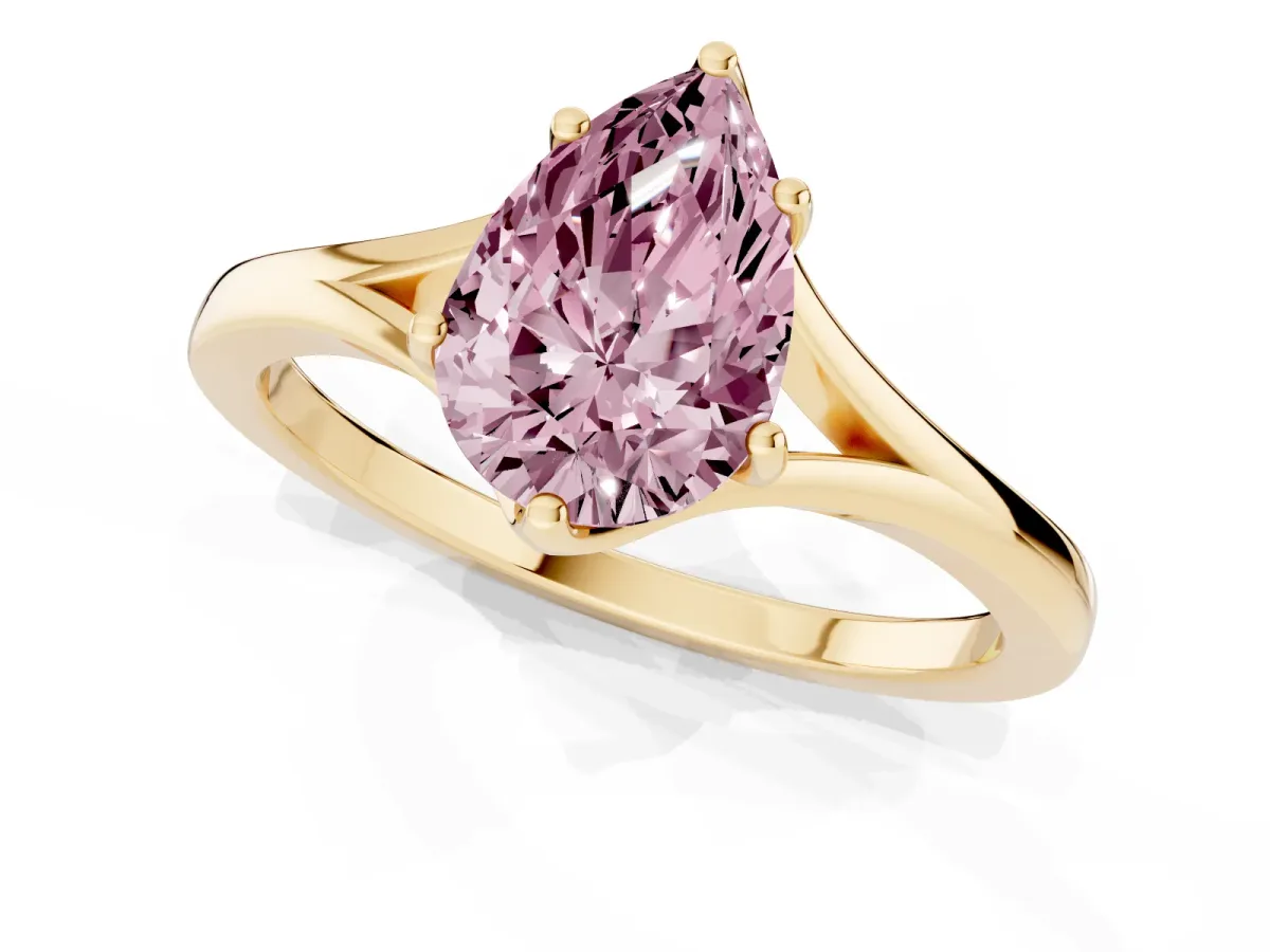Fancy Pink Pear Cut Solitaire Diamond Ring with Six-Prong Setting and Tapered Band Yellow gold