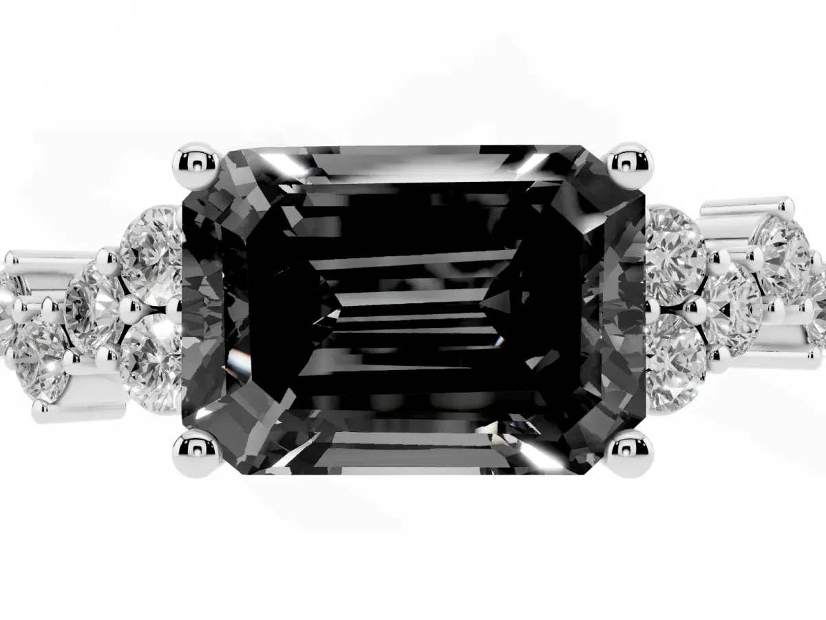Fancy Black Emerald Cut Diamond Scattered Round Accent Ring with Prong Setting Silver