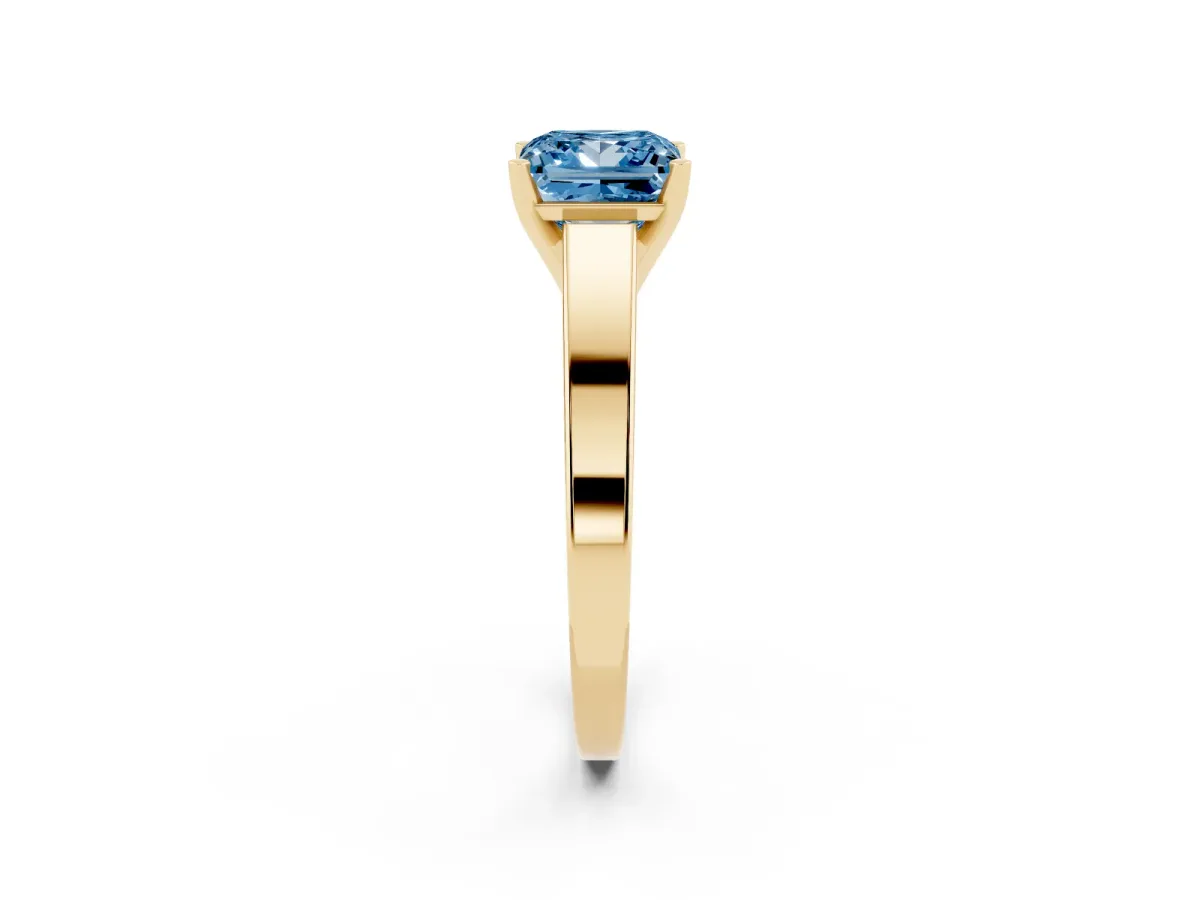Fancy Blue Princess Cut Solitaire Engagement Ring with Four-Prong Setting and Tapered Band Yellow gold