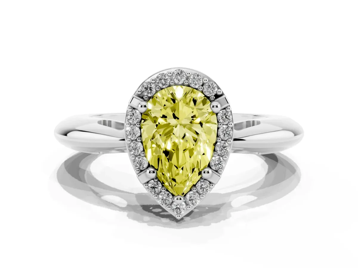Fancy Yellow Pear Cut Cut Diamond Halo Engagement Ring with Split Shank and Four-Prong Setting Silver