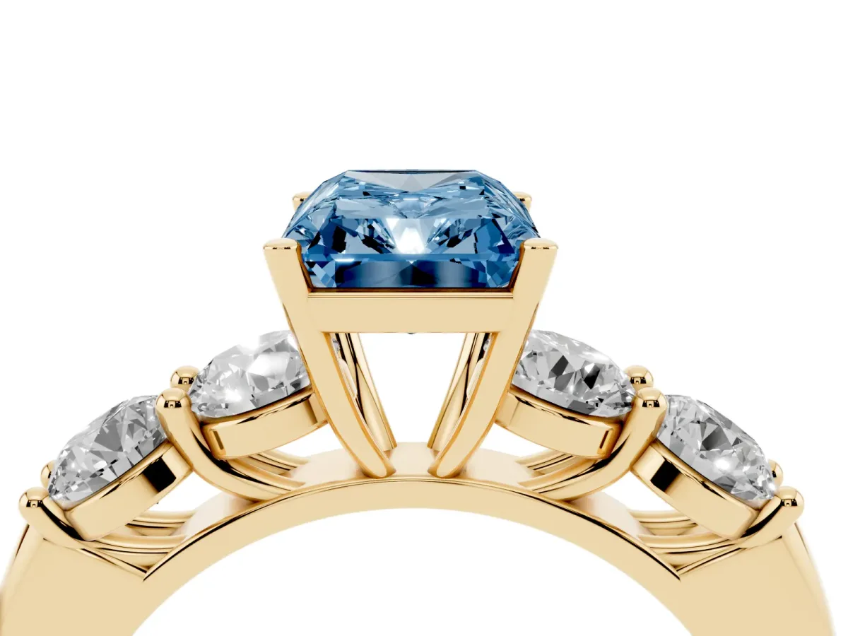 Fancy Blue Radiant Cut Cut Five-Stone Prong Set Diamond Ring with Classic Band Yellow gold