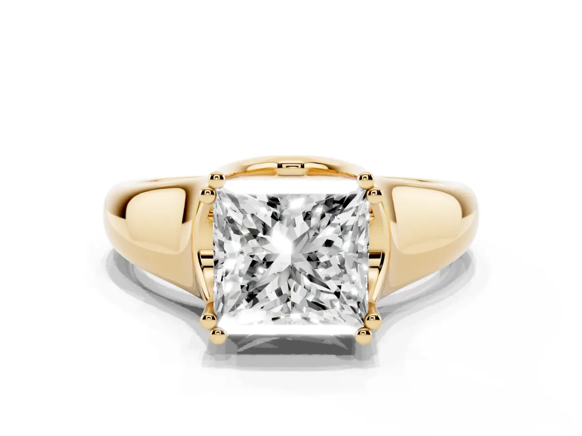 Princess Cut Diamond Solitaire Ring with Wide Band and Prong Setting Yellow gold
