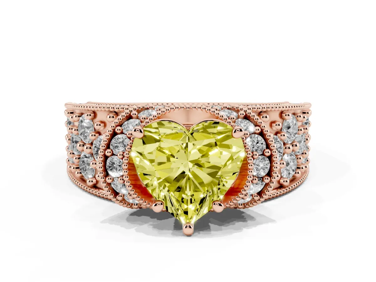 Fancy Yellow Heart Cut Halo Pave Diamond Engagement Ring with Milgrain Detailing Rose gold