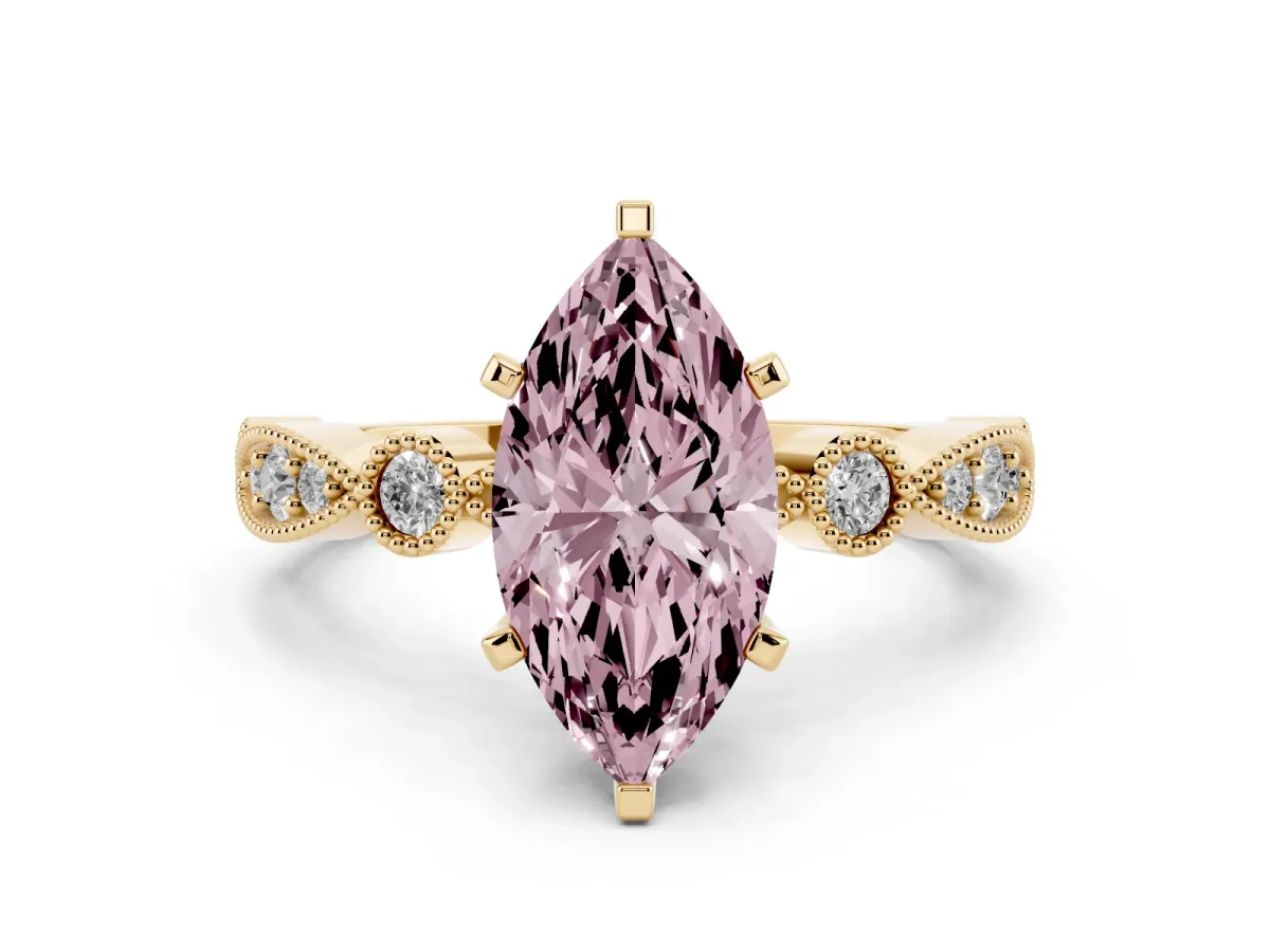 Fancy Pink Marquise Cut Milgrain Bezel Diamond Engagement Ring with Solitaire Prong Setting Yellow gold
