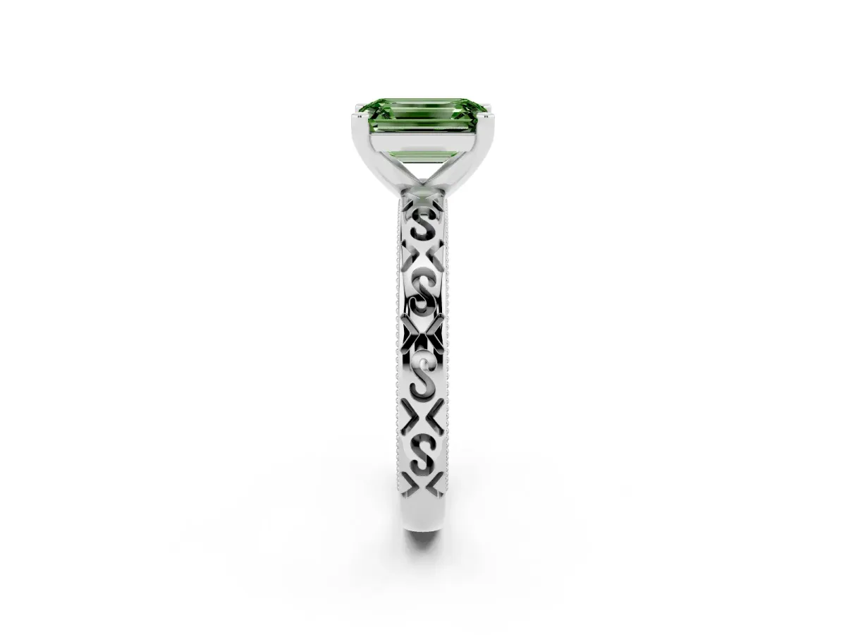 Fancy Green Emerald Cut Solitaire Engagement Ring with Scrollwork Band and Four-Prong Setting Platinum