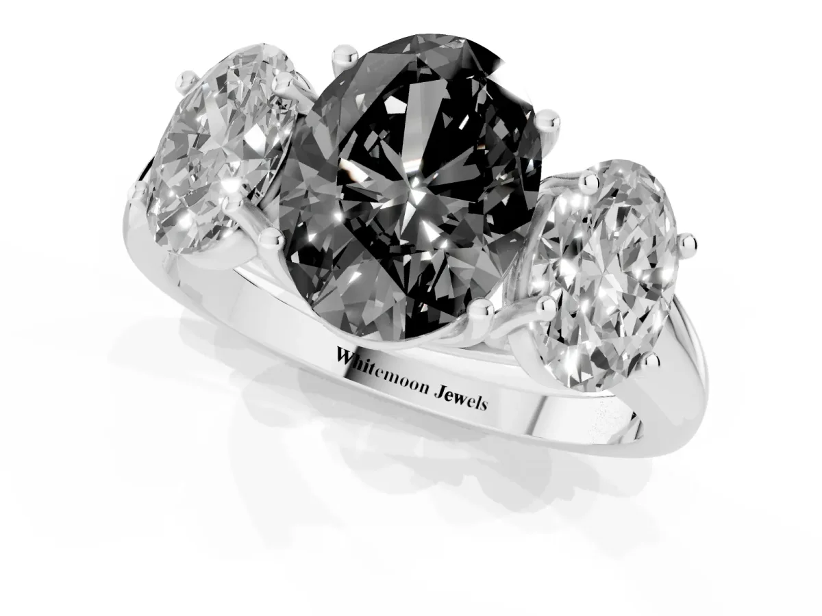 Fancy Black Three-Stone Oval Cut Diamond Engagement Ring with Prong Setting White gold