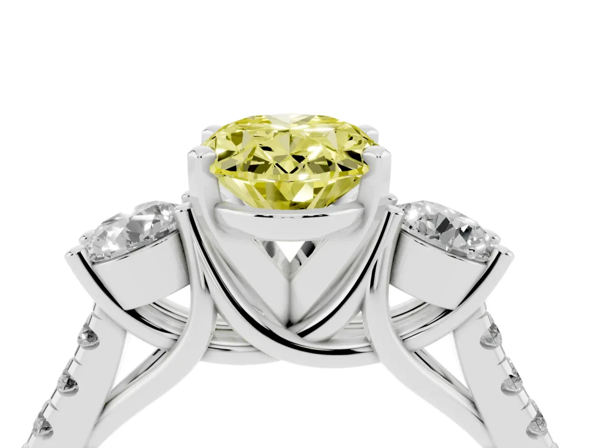 Fancy Yellow Three-Stone Oval Cut Diamond Pavé Band with Four-Prong Setting Platinum