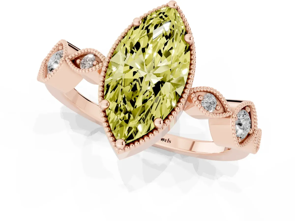 Fancy Yellow Marquise Cut Diamond Vintage Milgrain Ring with Round Stations Rose gold