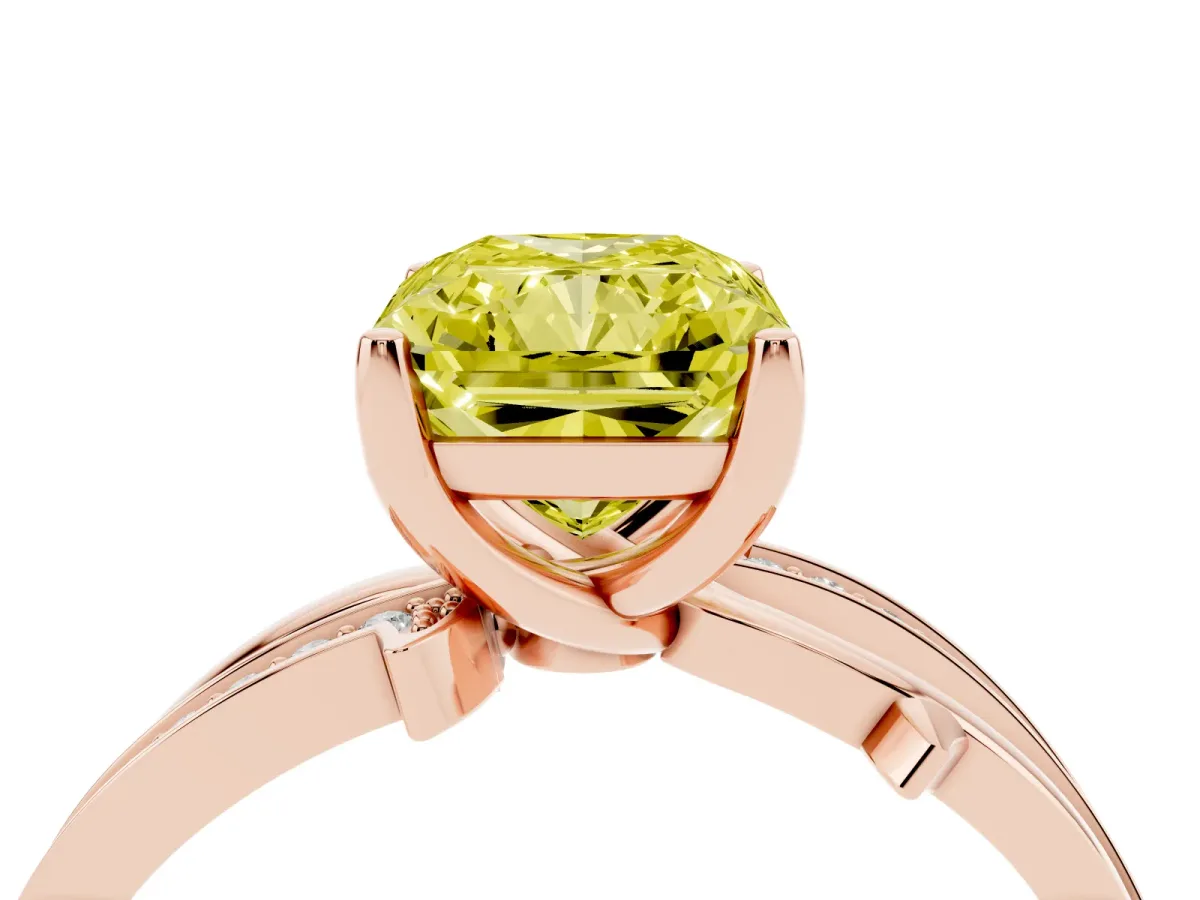 Fancy Yellow Radiant Cut Solitaire Twist Band with Pavé Accents and Four-Prong Setting Rose gold