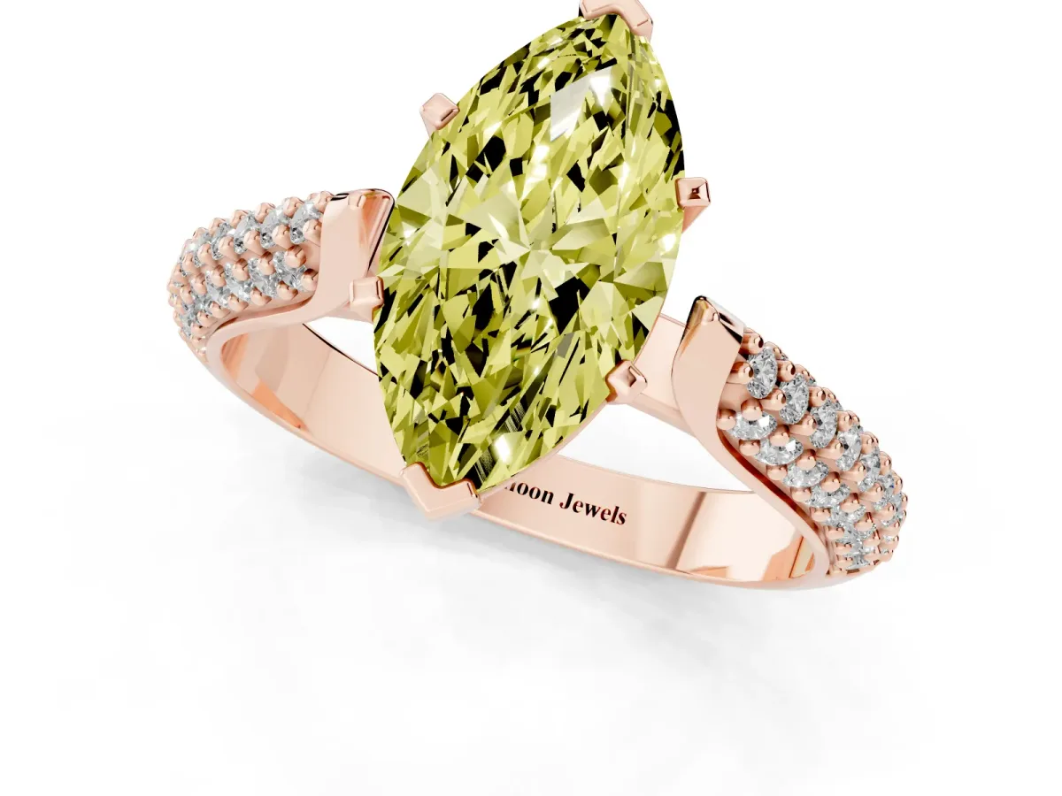 Fancy Yellow Marquise Cut Diamond Solitaire Engagement Ring with Multi-Row Round Pavé Band and Prong Setting Rose gold