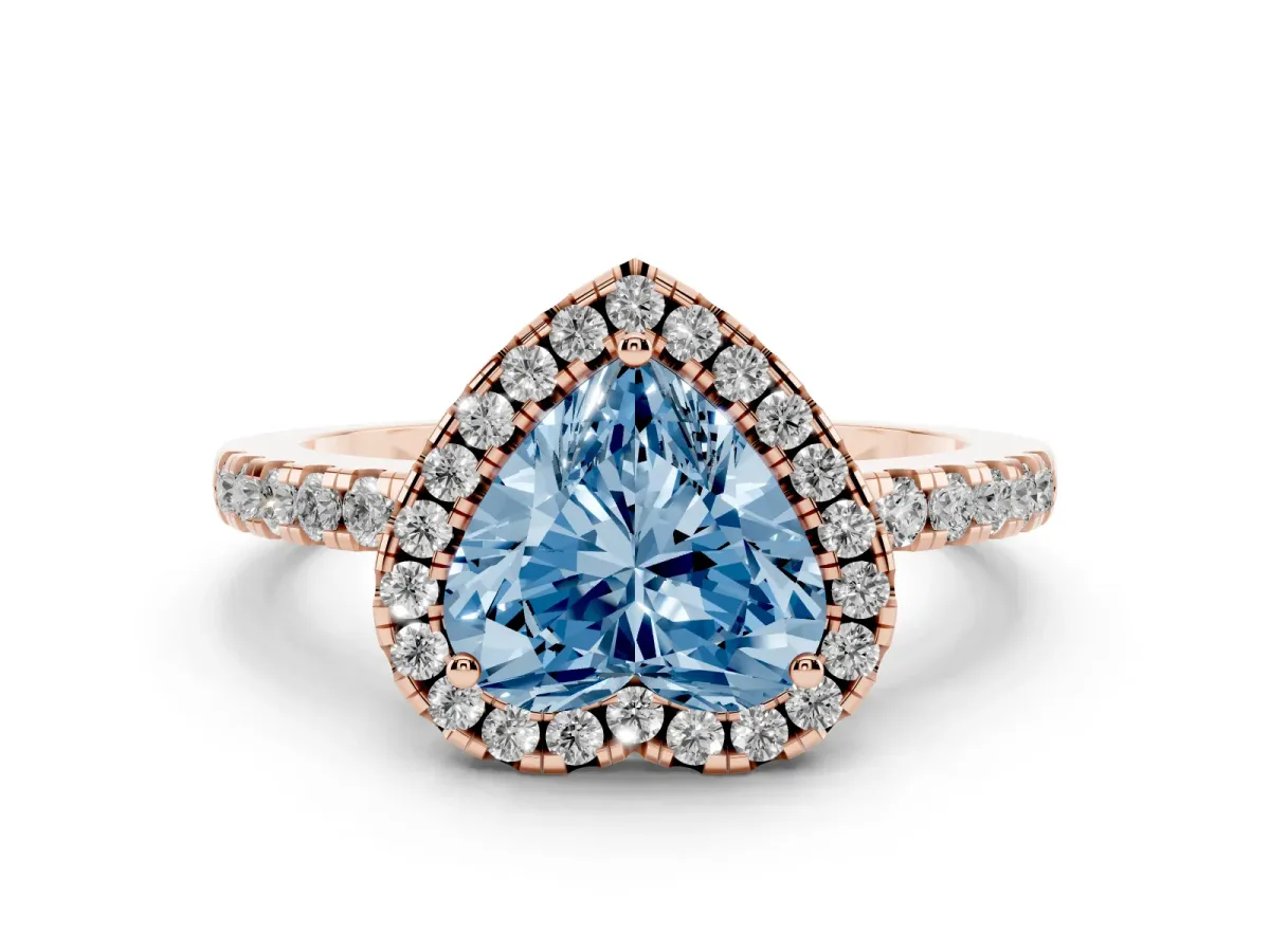 Fancy Blue Heart Cut Halo Diamond Engagement Ring with Pavé Band and Four-Prong Setting Rose gold