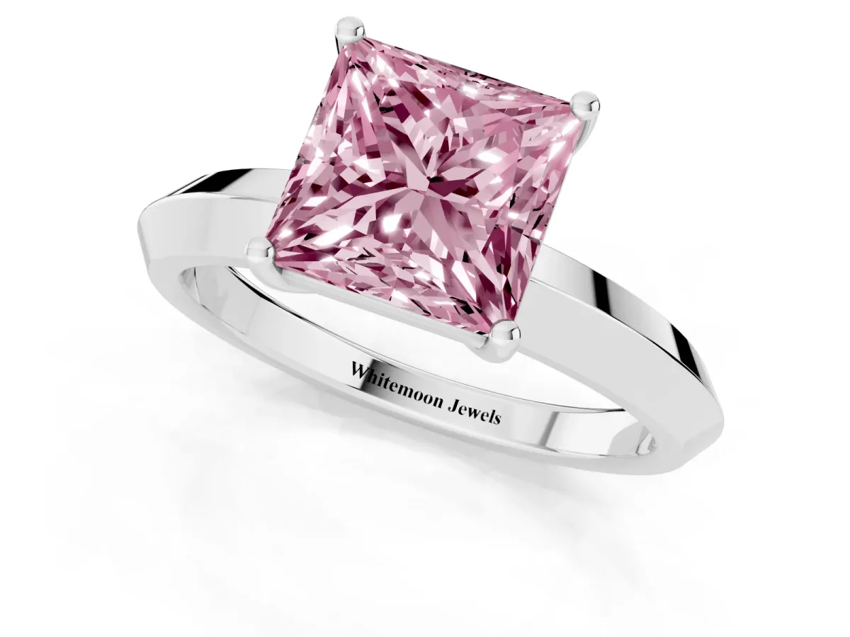Fancy Pink Princess Cut Cut Solitaire Engagement Ring with Flat Band and Four-Prong Setting Silver