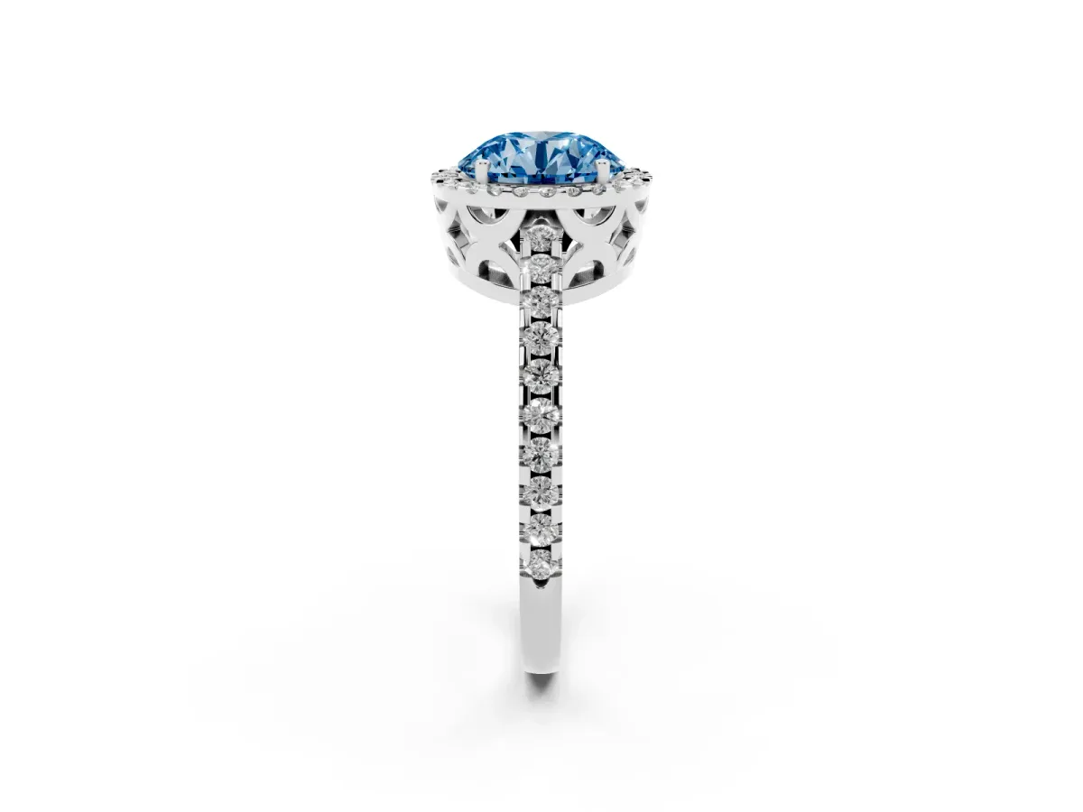 Fancy Blue Round Cut Diamond Halo Engagement Ring with Pavé Band and Prong Setting Platinum