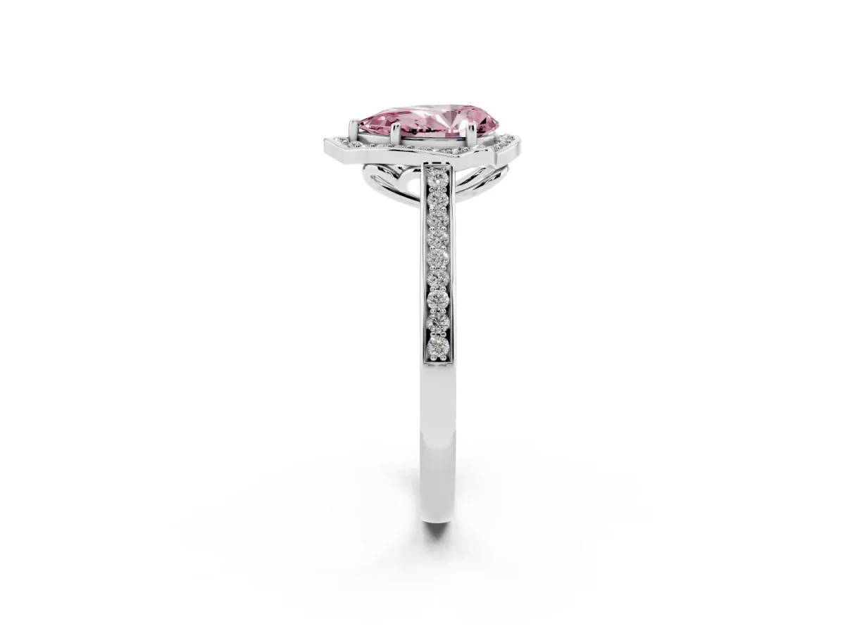 Fancy Pink Pear Cut Halo Round Diamond Pave Band with Four-Prong Setting White gold