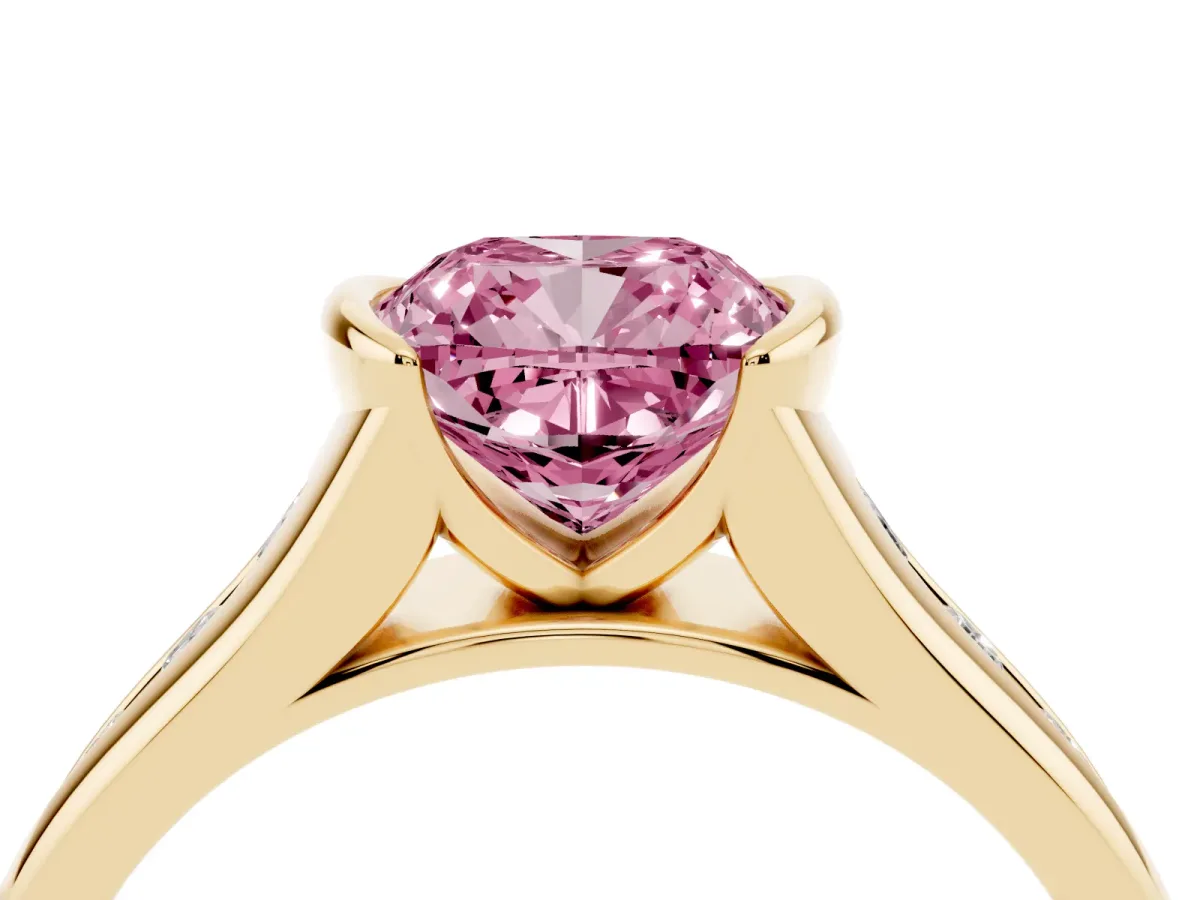Fancy Pink Cushion Cut Solitaire Bezel-Set Diamond Ring with Channel-Set Band Yellow gold