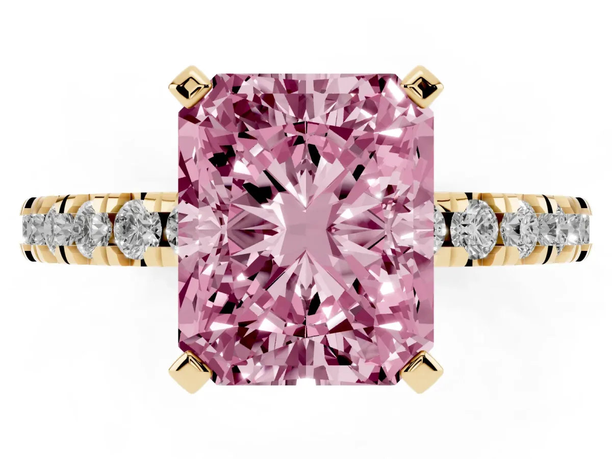 Fancy Pink Radiant Cut Diamond Pavé Band Solitaire with Four-Prong Setting Yellow gold