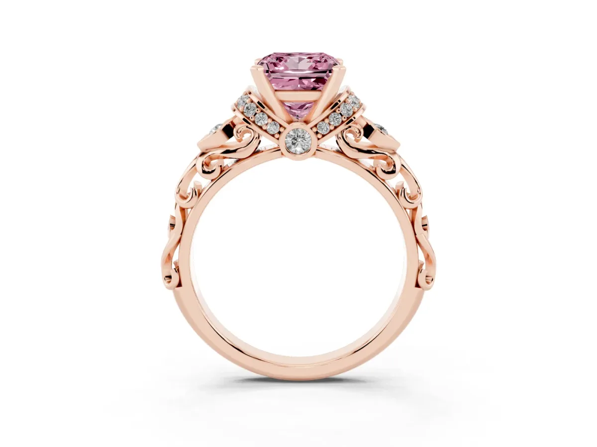 Fancy Pink Princess Cut Diamond Solitaire Ring with Filigree Band and Four-Prong Setting Rose gold