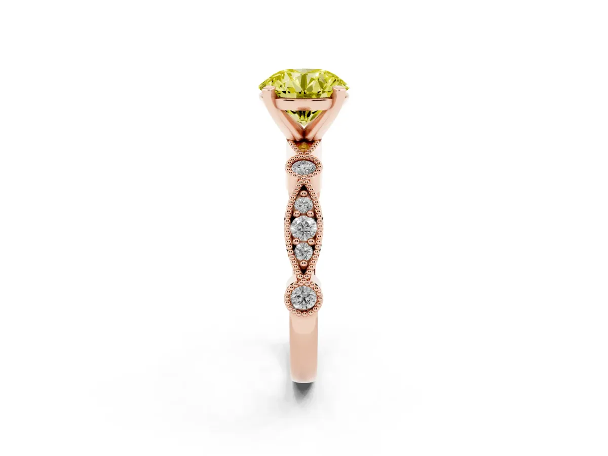 Fancy Yellow Round Cut Milgrain Bezel Diamond Engagement Ring with Solitaire Prong Setting Rose gold