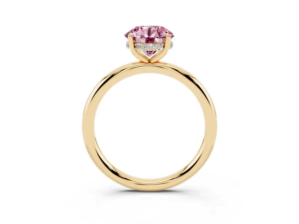 Fancy Pink Round Cut Diamond Solitaire Ring with Thin Band and Four-Prong Setting Yellow gold