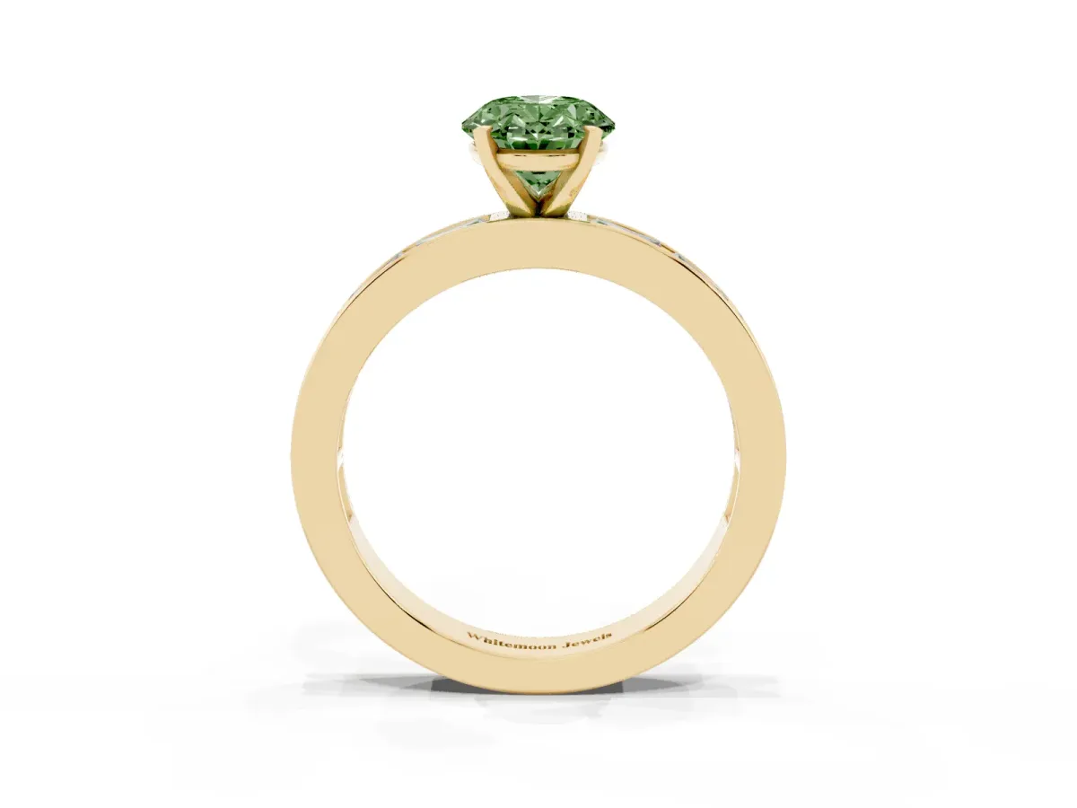 Fancy Green Oval Cut Solitaire Diamond Ring with Channel-Set Baguette Band and Four-Prong Setting Yellow gold
