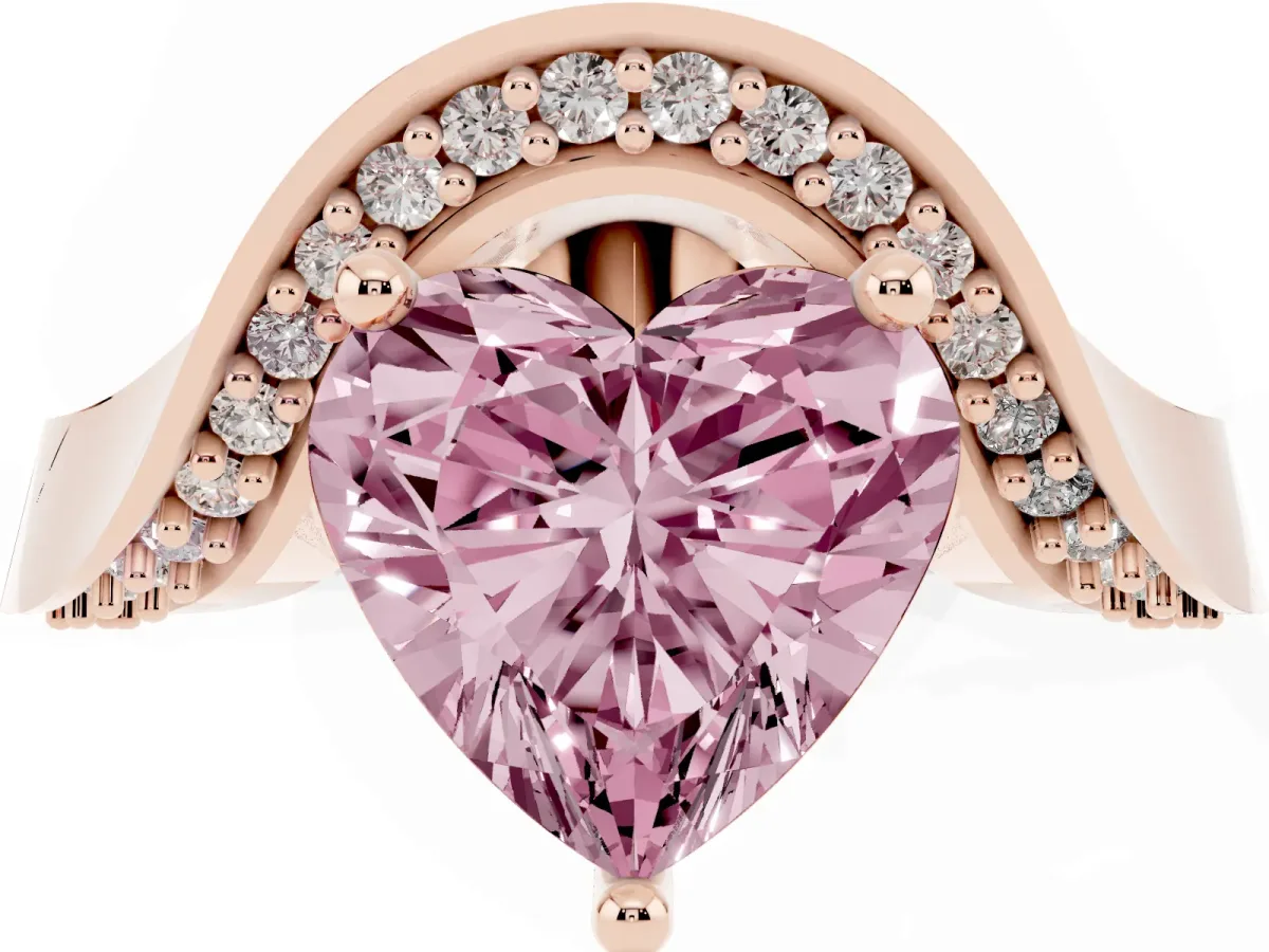 Fancy Pink Heart Cut Solitaire Diamond Engagement Ring with Pave Band and Four-Prong Setting Rose gold