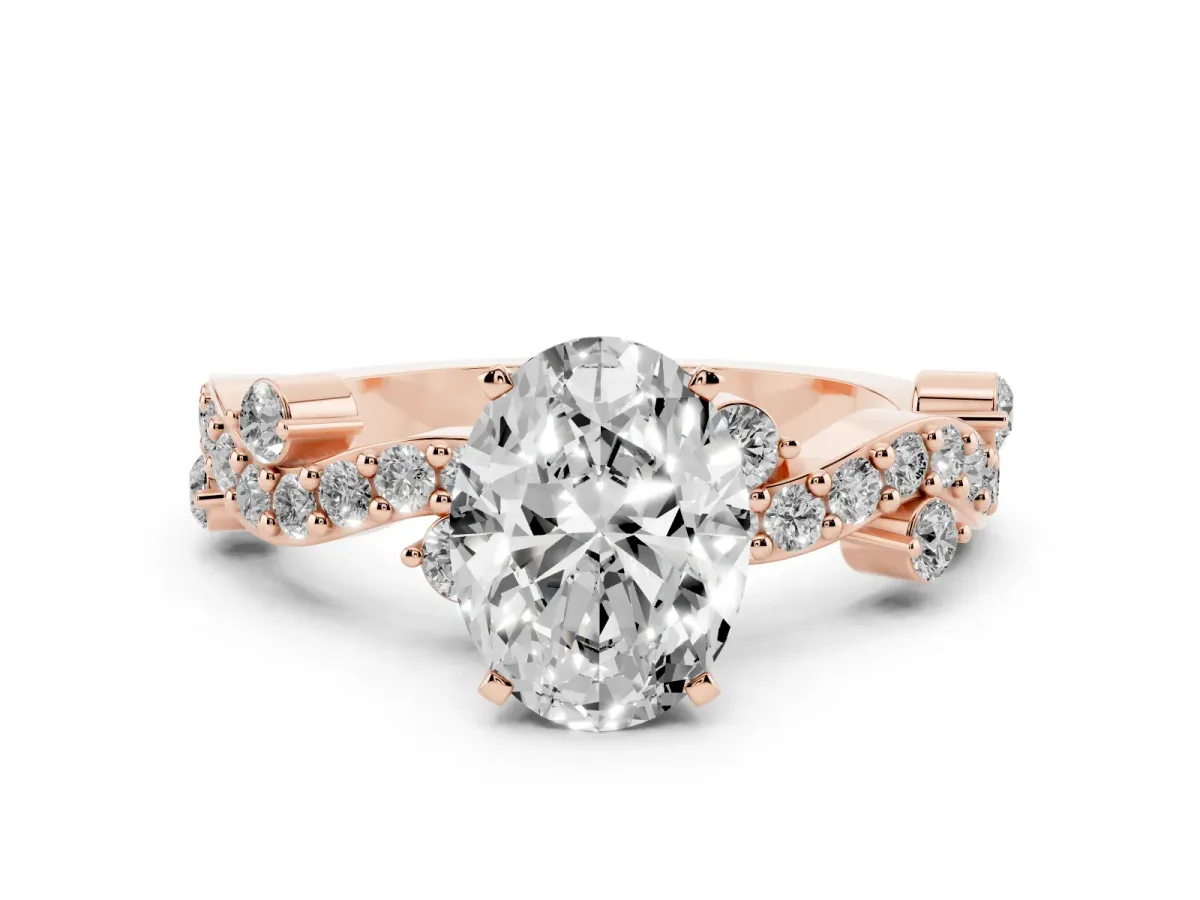 Oval Cut Cut Solitaire Diamond Twisted Band with Pave Setting Rose gold