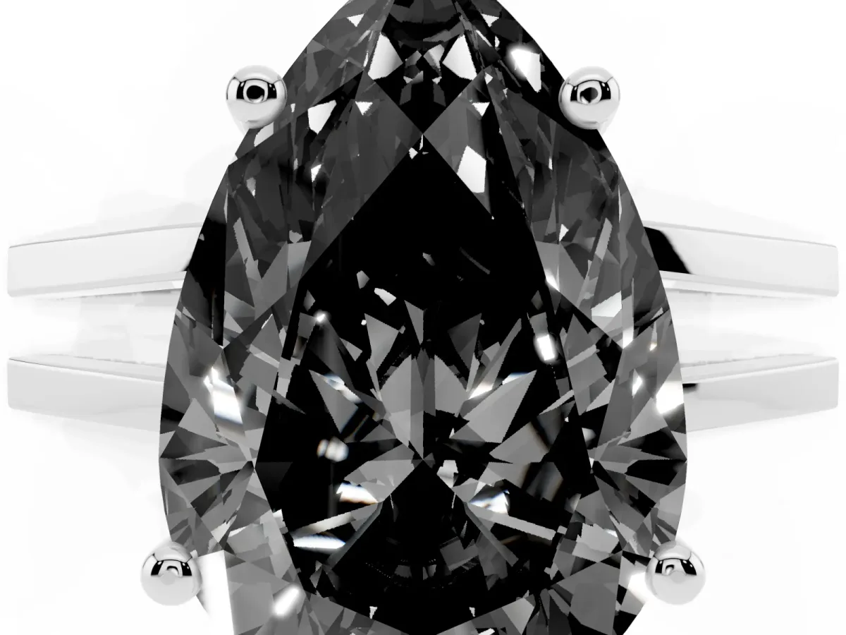 Fancy Black Pear Cut Cut Diamond Solitaire Engagement Ring with Tapered Plain Band and Four-Prong Setting Silver
