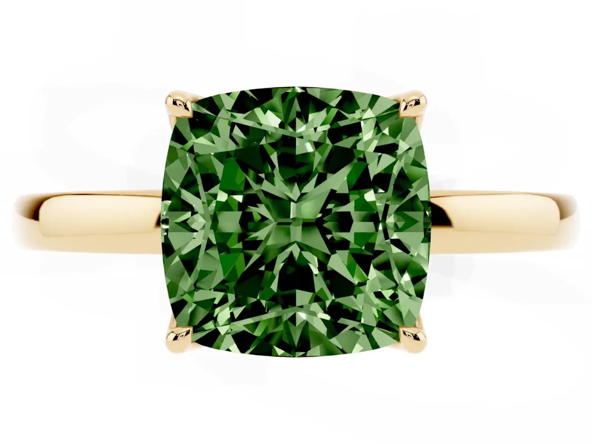 Fancy Green Cushion Cut Diamond Solitaire Ring with Thin Band and Prong Setting Yellow gold