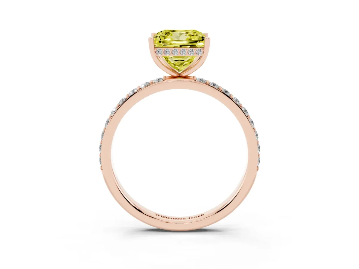 Fancy Yellow Princess Cut Diamond Solitaire Ring with Pavé Band and Hidden Halo Rose gold