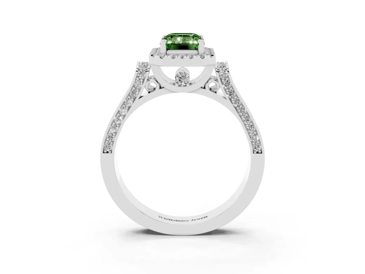 Fancy Green Emerald Cut Halo Round Diamond Twist Band with Four-Prong Setting White gold