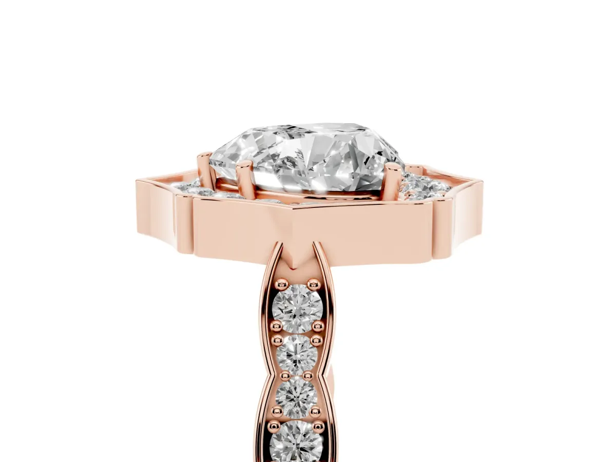Heart Cut Halo Diamond Engagement Ring with Milgrain Band and Four-Prong Setting Rose gold